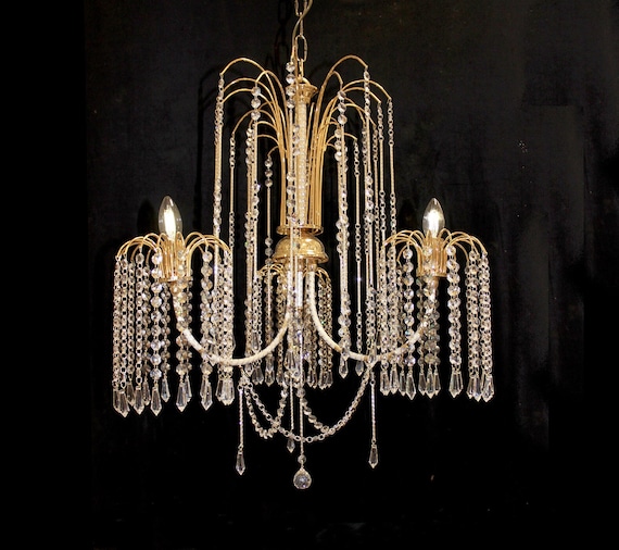 Elegant 24" x 28" Italian CRYSTAL SHOWER Chandelier 3 Light Pendant Gold & Silver Modern Contemporary Fine Lighting