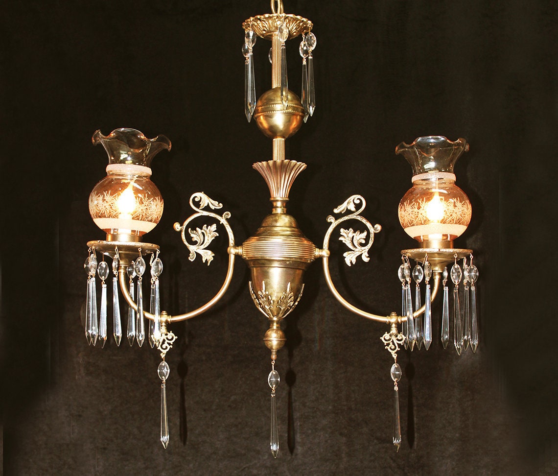 Vintage, 24x 29 Victorian, 2 light, Brass Chandelier, Crystal, Fluted
