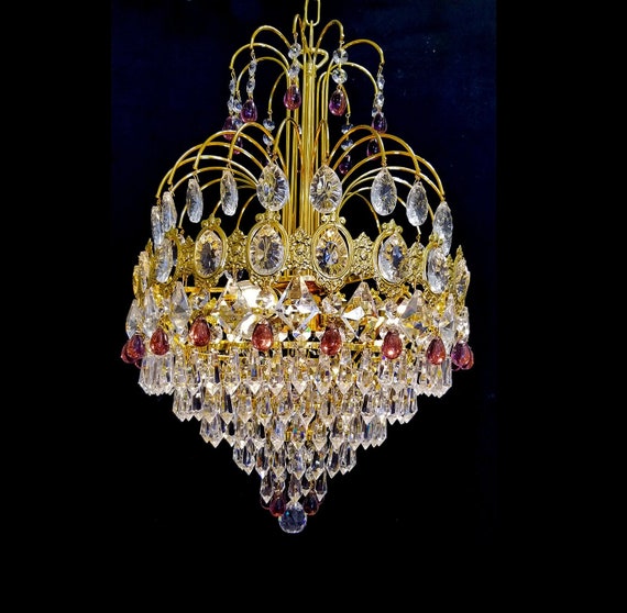 Vintage ITALY 12" x 19" Crystal & PURPLE Bead Tiered Chandelier 3 Lights, 24kt Gold Frame Fine Italian Lighting