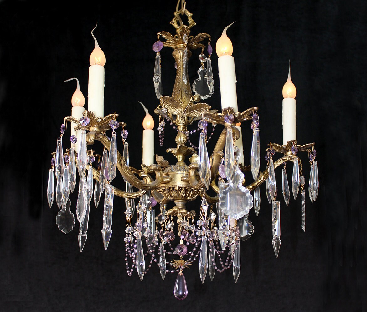 Vintage, 18x 24 Amethyst Rock Crystal, Bronze Chandelier, 6 Lights