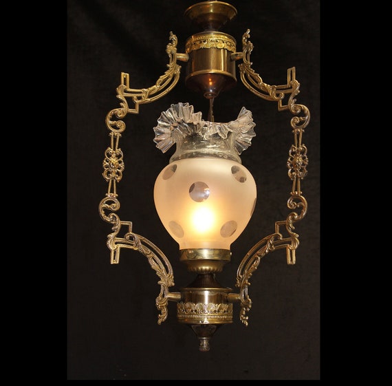 13" x 24" Gorgeous! Vintage ITALY  Brass & Hand Blown Glass Lantern Chandelier 1 Light Fluted Art Glass Shade, Fine Lighting