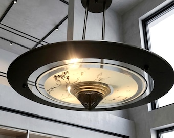 24" x 26" Vintage 70s Italian Space Age Chandelier: Semi -Flush 3 Lights - Glass & Industrial Black Metal Frame