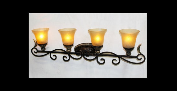 Elegant BIG!, 39" x 11" Wrought Iron, Wall SCONCE, Frosted, Amber, Bell GLASS  Shades, 4 Lights, Gold Leaf accents