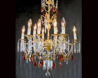 24" x 34" VINTAGE 12 Light, Bronze / Gold, Crystal Chandelier From Spain, AMBER  Crystal Accents, CUSTOM, 1 of a Kind!