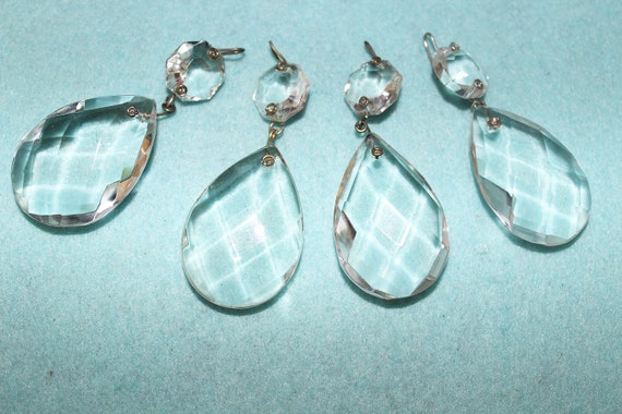 SET of 4, Vintage, Czech. 1 1/2"" Clear Crystals,  High Quality Chandelier Crystals, Silver Connector Pins