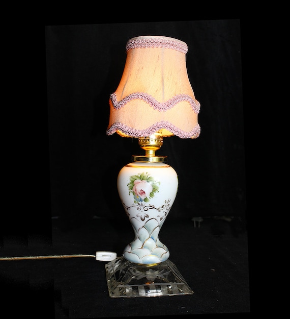 14" Vintage Floral Porcelain and Etched Glass Boudoir Accent Lamp with Pink Silk Shade