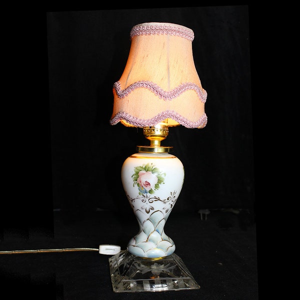 14" Vintage Floral Porcelain and Etched Glass Boudoir Accent Lamp with Pink Silk Shade