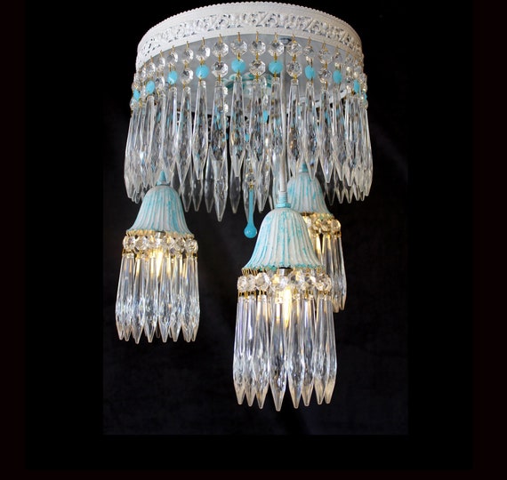 Shabby Chic, Turquoise Blue & Clear Crystal, Flush Chandelier, 3 Lights, 12" x 16"  Whitewashed Frame, Custom ART Lighting