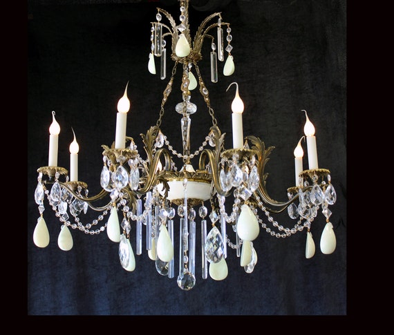 33"x 31" Vintage ALABASTER & Crystal, Brass Chandelier, 8 Lights, Spain