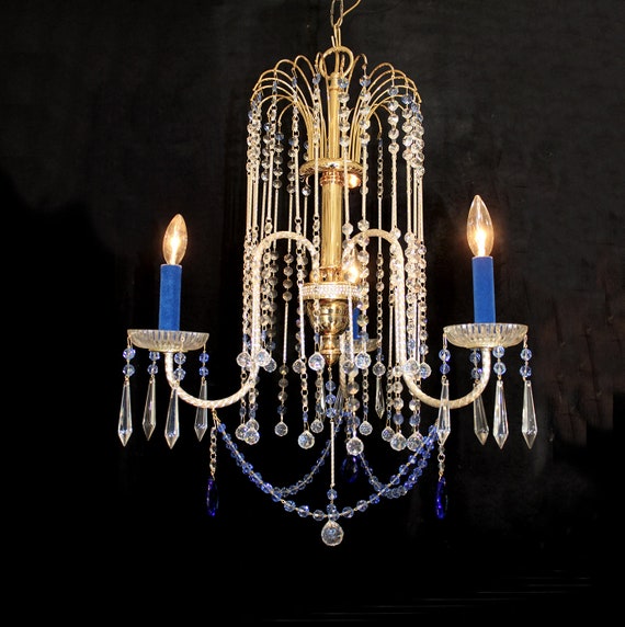 3 Light, 19" x 27 " Vintage Italy, BLUE CRYSTALS Waterfall Chandelier, Gold Rods, Rhinestones &  Crystals, 24kt Gold Frame