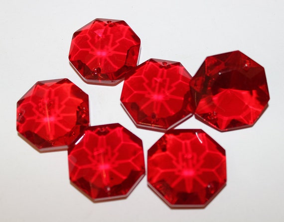 Vintage 40's Set of 6  Pieces 30MM Large, Dark RED,  Octagon Crystals, 2 hole, Chandelier, Lighting, Parts, Supplies, Accessories, Crafts