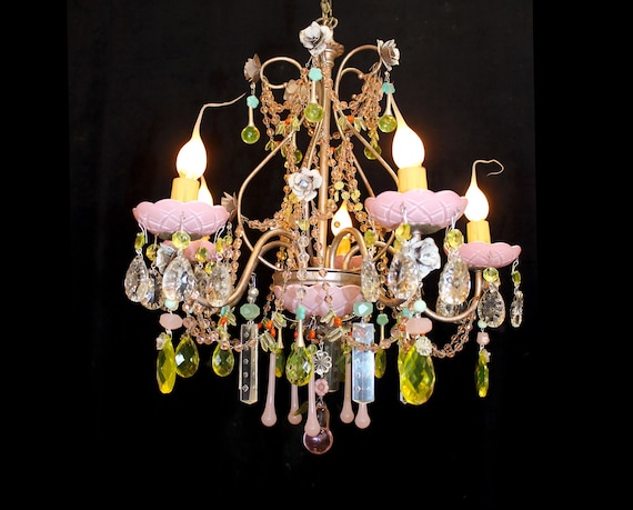 16"x 18"  VASELINE URANIUM Glass, Crystal "Enchanted Forest" Art Chandelier 5 Lights Redressed SCHONBEK Frame, 1 of a Kind, Gorgeous!