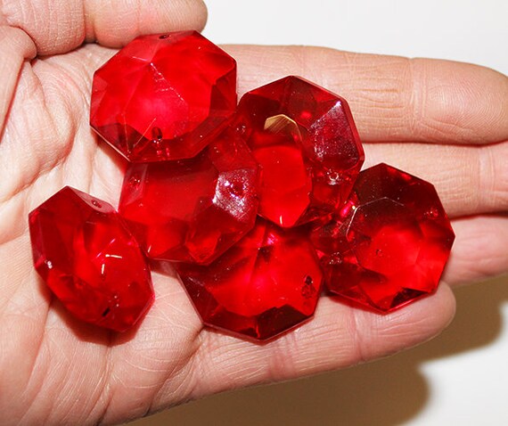 Set of 6 VINTAGE Large RED Octagon Crystals 26MM , 2 hole, Chandelier Crystals Prisms, Lighting Parts