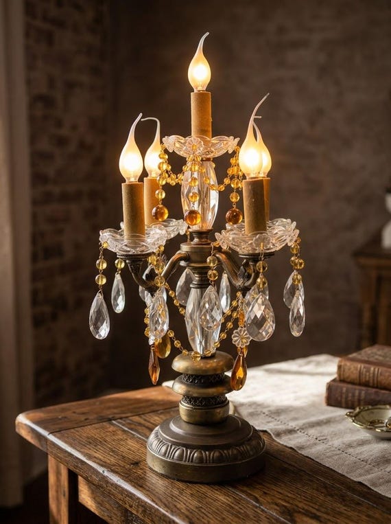11" x 18" Vintage 5 Light Crystal Candelabra Table Lamp with Amber Accents
