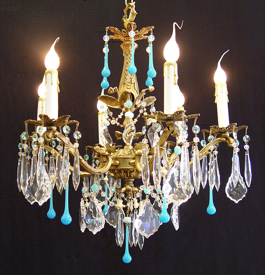 Chandeliers Vintage 6 Light 18x 24 Ornate Bronze Crystal Chandeliers Vintage 6 Light 18x 24 Ornate Bronze Crystal Chandelier Turquoise Robins Egg Blue Crystals One Of A Kind Home Living