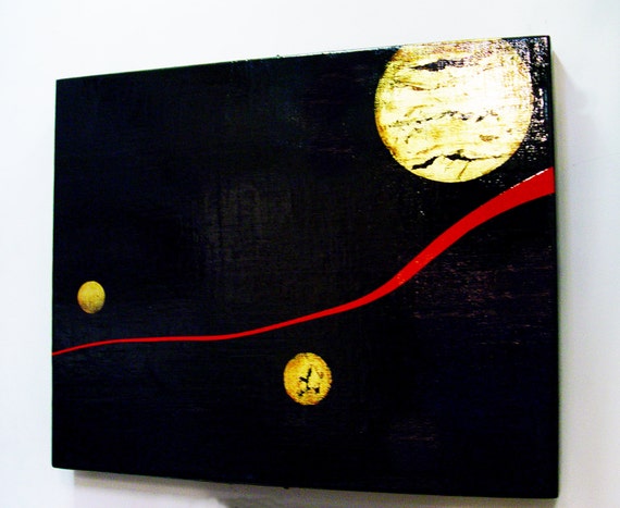 Large Original PAINTING 28" x 35"  "Dream Space"  Wood, Bold Red, Black Lacquer Gold Leafing, Signed and Dated Marro