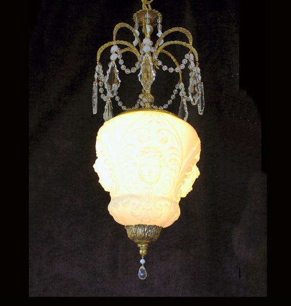 Vintage 10" x 24" White Cherub Milk Glass, Crystal & Brass Chandelier, Neo Classical Victorian Style, 1 Light