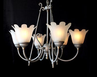 6 Light, 26" x 24" Contemporary, Frosted Tulip Glass, Pewter Finish Chandelier