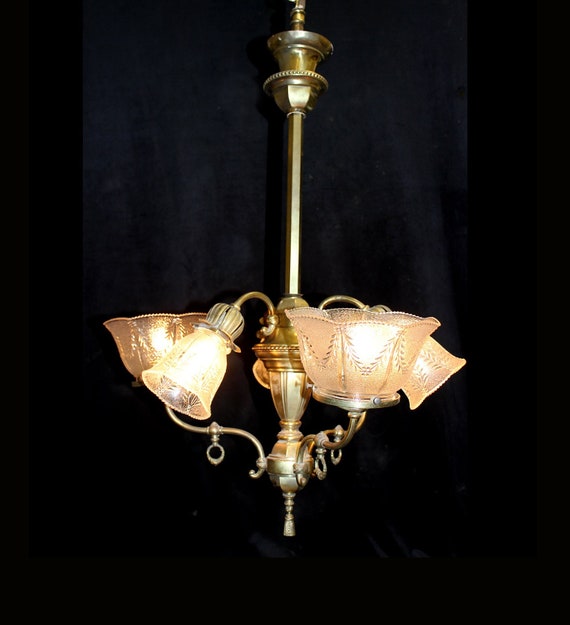 Antique Art DECO, 6 Light, 22" x 34"  Brass, Semi -Flush Chandelier, Floral Frosted Glass Shades, Rare Vintage Lighting