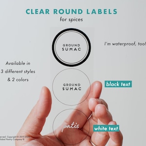 CLEAR Black or White Modern Waterproof Spice Labels (Round)