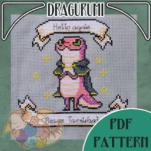 May include: Cross-stitch pattern featuring a pink and green dragon with the text "Hello again" on a banner. The design includes the text "PDF PATTERN" and the brand name "DRAGURUMI".
