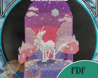 In the Lilac Wood unicorn counted cross stitch digital pattern