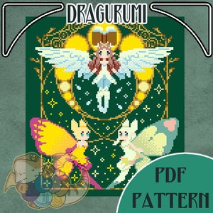 Könnte beinhalten: Ein Kreuzstichmuster mit einer Fee mit Flügeln und einem Buch, umgeben von Sternen und einem Mond. Das Muster ist in Grün-, Gelb- und Weißtönen gehalten. Der Text "PDF PATTERN" befindet sich am unteren Rand des Bildes.