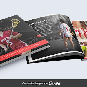 Op de afbeelding: Een boek met een zwarte kaft met een lacrosse-speler in een rood uniform met de tekst "LACROSSE" en "PINKERTON ACADEMY ASTROS". Het boek is open en toont actiebeelden van lacrosse-spelers in rode en witte uniformen. De tekst "YEAR 4 RECAP" is zichtbaar.