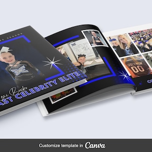 Könnte beinhalten: Ein Fotoalbum mit einem blauen und schwarzen Cover, auf dem ein junges Mädchen in einem Cheerleader-Outfit zu sehen ist. Das Albumcover trägt den Schriftzug "Lexi Bonko East Celebrity Elite". Im Inneren des Albums befinden sich Fotos des Mädchens und anderer Cheerleader.