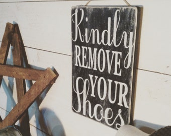 Kindly remove your shoes vertical sign handmade- wood-distressed