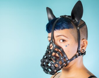 Leather Pup Mask // latigo leather muzzle with ears | fetish mask | donkey mask | cage mask |