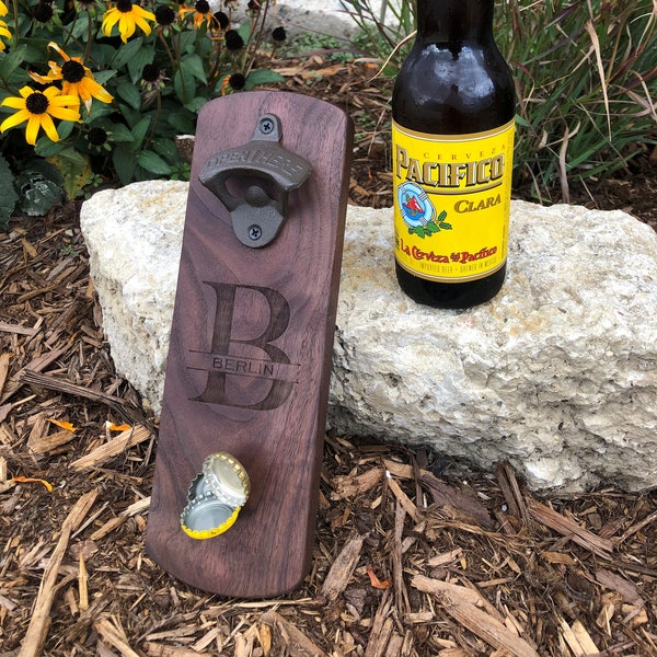 Magnetic Bottle Opener, Personalized, With Hidden Bottle Cap Catch, Custom Laser Engraving, Wedding Favor, Groomsmen, Man Cave, Beer Fridge