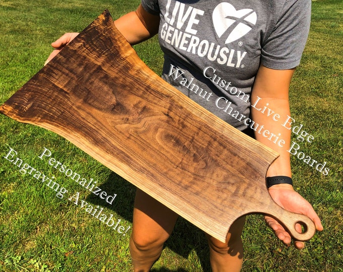 Charcuterie Board, Personalized Black Walnut Cutting Board, Live Edge, Engraved Serving Tray, Meat & Cheese Board, Grazing, Party Platter