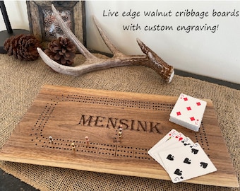 Personalized Live Edge Walnut Cribbage Board: Family Game Night