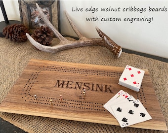 Personalized Cribbage Board, Live Edge Walnut, Includes Peg Storage, Card Games, Family Game Night, Personalized Gift, Wooden Crib Board