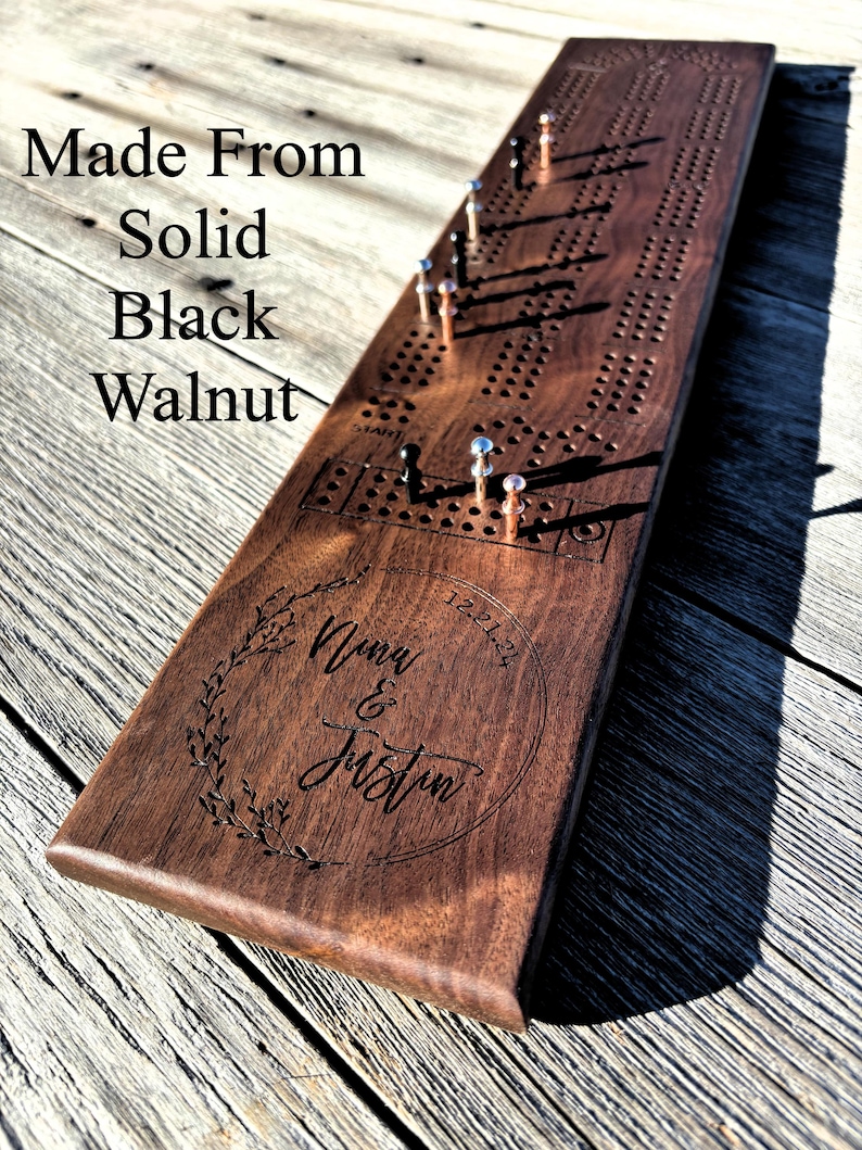 Handmade Personalized Black Walnut Cribbage Board with Metal Pegs image 3