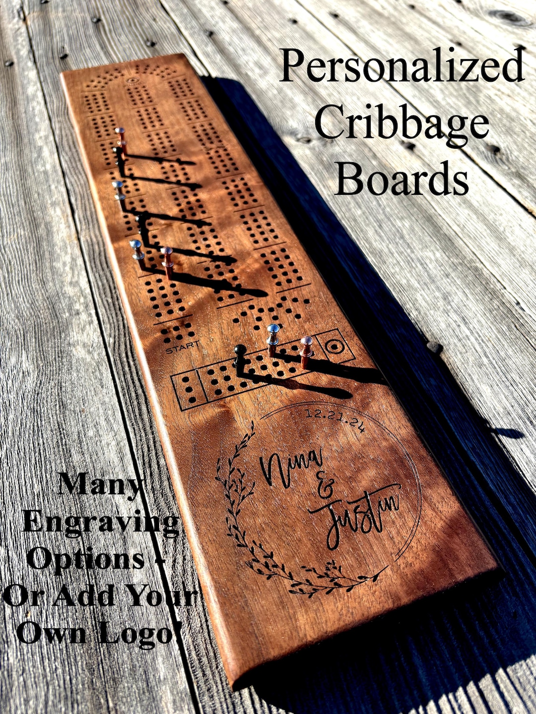 Handmade Personalized Black Walnut Cribbage Board with Metal Pegs