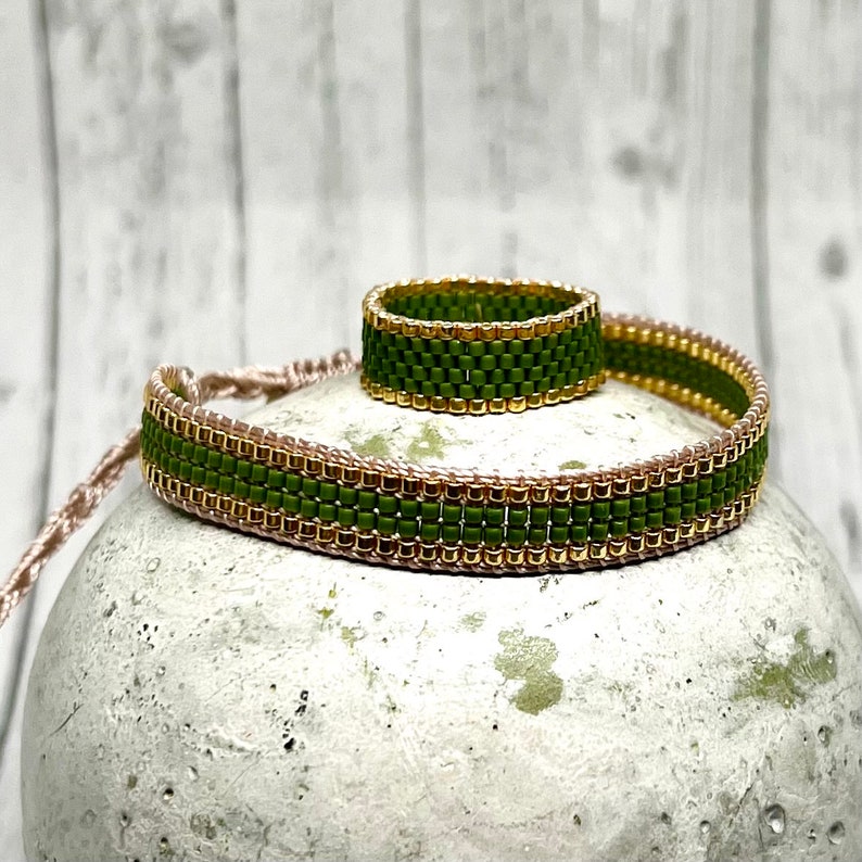 Miyuki Ring Beaded Ring avocado glass beads peyote Ring + Armband Set