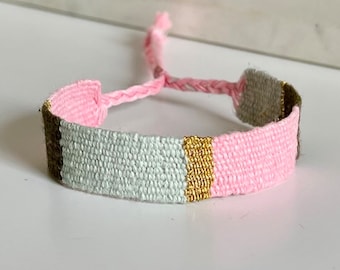 Gewebtes Armband aus Leinen - Pink - tobacco - light mint