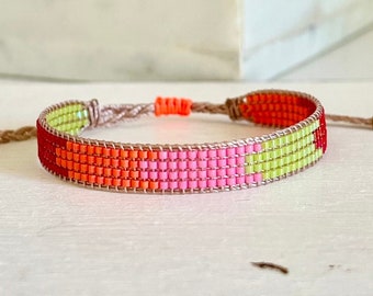 PRECIOUS bracelet made of Japanese Miyuki glass beads red - pink - orange - green - handwoven