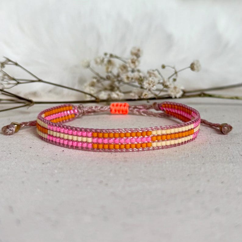 STRIPES Miyuki bracelet, handwoven from Japanese glass beads, neon summer pink orange LEMON ICE image 2