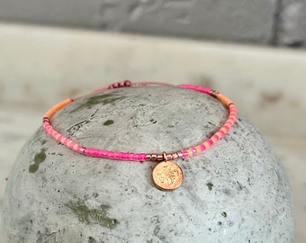 Armband aus Miyuki Perlen, rosegoldfarben neon pink orange, Münze