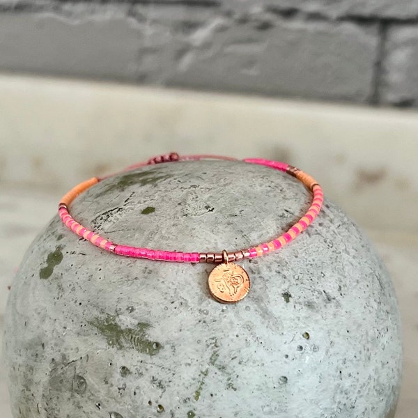 Armband aus Miyuki Perlen, rosegoldfarben neon pink orange, Münze