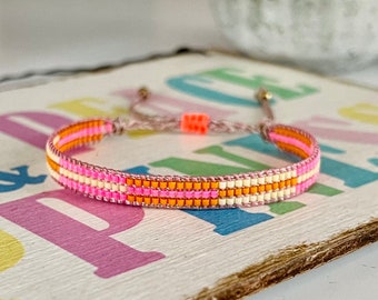 Bracelet Miyuki STRIPES, tissé à la main avec des perles de verre japonaises, rose fluo estival et orange LEMON ICE