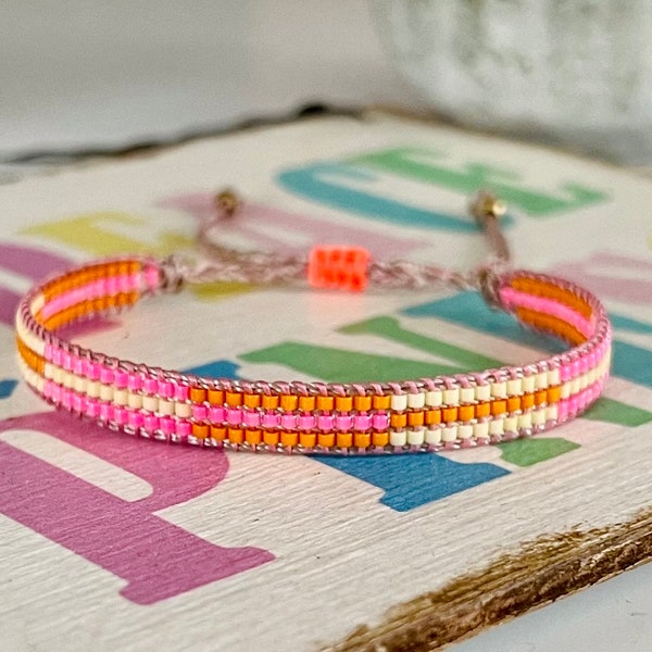 STRIPES Miyuki Armband handgewebt aus japanischen Glasperlen, Neon Sommer pink orange LEMON ICE