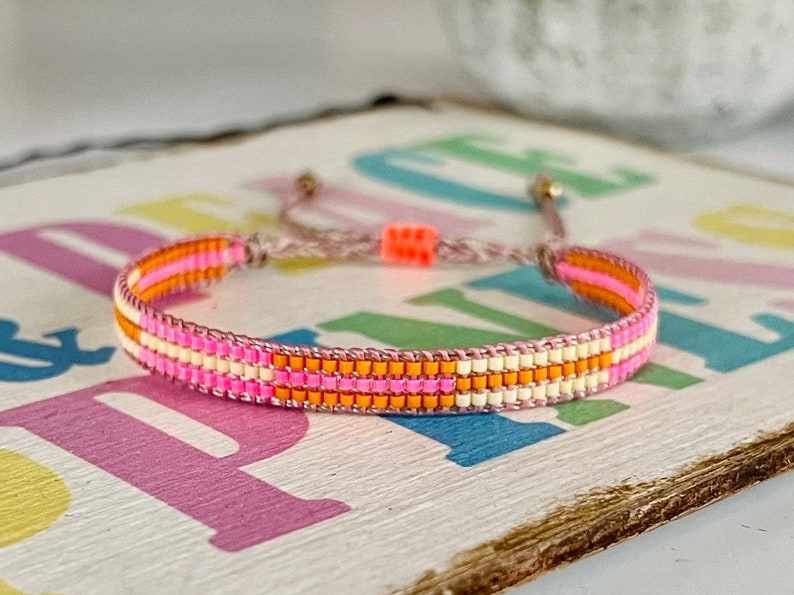 STRIPES Miyuki bracelet handwoven from Japanese glass beads, neon summer pink orange LEMON ICE image 1