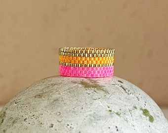 Miyuki Ring Beaded Ring Neon pink - orange - goldfarben Peyote