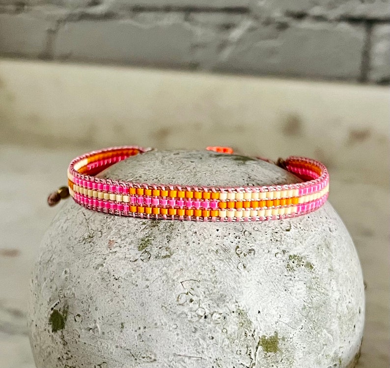 STRIPES Miyuki bracelet handwoven from Japanese glass beads, neon summer pink orange LEMON ICE image 2