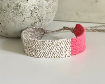 Woven bracelet made of linen - guava - dark beige - metallic gold - cream white