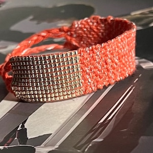 CORAL SILVER Woven linen bracelet - Miyuki Beads
